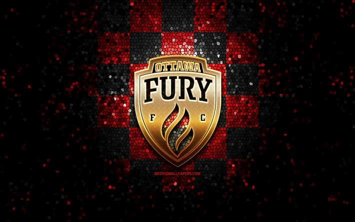 Ottawa Fury FC, glitter logo, USL, red black checkered background, USA, american soccer team, Ottawa Fury, United Soccer League, Ottawa Fury logo, mosaic art, soccer, football, America