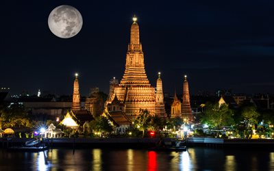 Wat Arun, Temple of Dawn, Buddhist temple, night, landmark, temple, Bangkok, Thailand, Wat Arun Ratchawararam Ratchawaramahawihan