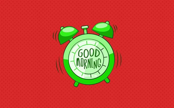Good Morning, green alarm clock, 4k, red dotted backgrounds, creative, good morning concepts, minimalism