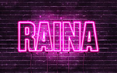 Raina, 4k, des fonds d&#39;&#233;cran avec des noms, des noms f&#233;minins, Raina nom, violet n&#233;on, Joyeux Anniversaire Raina, une photo avec le nom de Raina