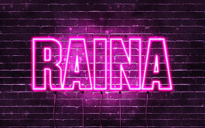 Raina, 4k, des fonds d&#39;&#233;cran avec des noms, des noms f&#233;minins, Raina nom, violet n&#233;on, Joyeux Anniversaire Raina, une photo avec le nom de Raina
