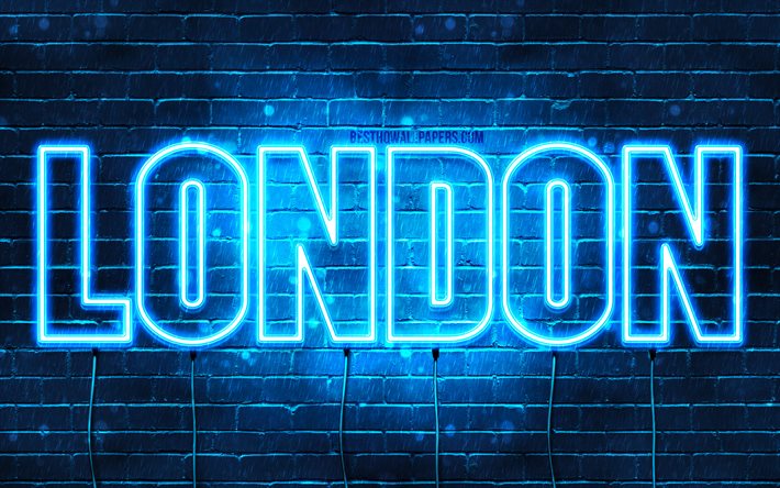 Londres, 4k, fondos de pantalla con los nombres, el texto horizontal, Londres nombre, Feliz Cumplea&#241;os Londres, luces azules de ne&#243;n, de la imagen con el nombre de Londres