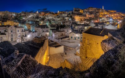 Sasso Caveoso, Matera, old town, evening, night, cityscape, old buildings, Italy