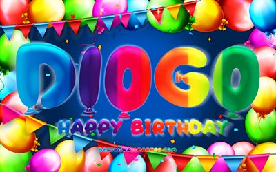 Happy Birthday Diogo, 4k, colorful balloon frame, Diogo name, blue background, Diogo Happy Birthday, Diogo Birthday, popular portuguese male names, Birthday concept, Diogo