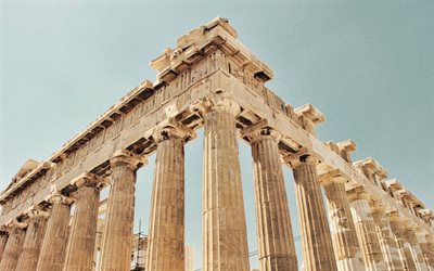 Ateena, Parthenon, rauniot, sininen taivas, Ateenan maamerkki, sarakkeet, Doric temppeli, Ateenan Akropolis, Kreikka