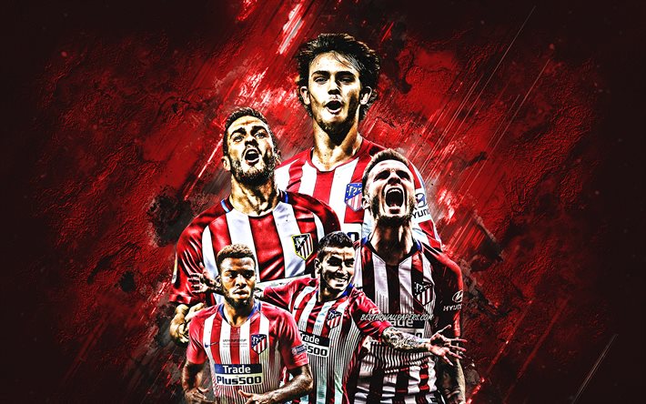 Atletico Madrid, Spanish football club, Madrid, Spain, Atletico Madrid players, football, red stone background, Champions League, La Liga, Joao Felix, Saul Niguez, Marcos Llorente