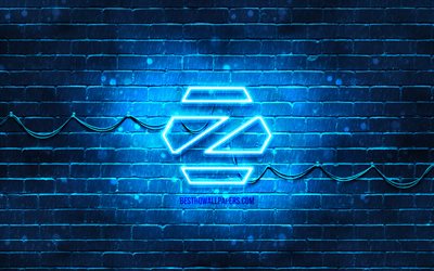 Zorin OS blue logo, 4k, blue brickwall, Zorin OS logo, Linux, Zorin OS neon logo, Zorin OS