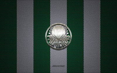 Palmeiras logo, le Br&#233;silien du club de football, embl&#232;me m&#233;tallique, vert et blanc de maille en m&#233;tal d&#39;arri&#232;re-plan, Palmeiras, Serie A, Sao Paulo, Br&#233;sil, le football, SE Palmeiras