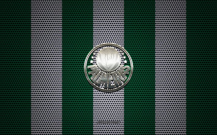 Palmeiras logo, Brazilian football club, metal emblem, green and white metal mesh background, Palmeiras, Serie A, Sao Paulo, Brazil, football, SE Palmeiras