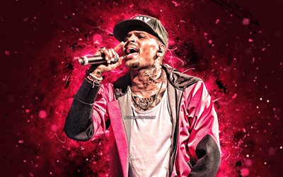 Chris Brown, 4k, violet n&#233;on, chanteuse am&#233;ricaine, stars de la musique, de cr&#233;ativit&#233;, de Christopher Maurice Brown, american c&#233;l&#233;brit&#233;, avec microphone, superstars, Chris Brown 4K