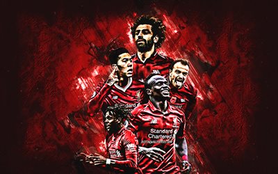 Liverpool FC, bir İngiliz Futbol Kul&#252;b&#252;, Liverpool, İngiltere, Liverpool FC oyuncuları, futbol, kırmızı taş arka plan, Şampiyonlar Ligi, Premier Lig, Mohamed Salah, Sadio Mane, Divock Orjinal