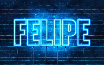 Felipe, 4k, wallpapers with names, horizontal text, Felipe name, Happy Birthday Felipe, blue neon lights, picture with Felipe name