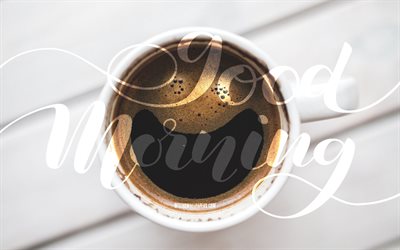 4k, God Morgon, kopp med kaffe, vitt tr&#228; bakgrund, eller koncept, konstverk, God Morgon begrepp