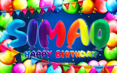 お誕生日おめでSimao, 4k, カラフルバルーンフレーム, Simao名, 青色の背景, Simaoお誕生日おめで, Simao誕生日, 人気のポルトガル語は男性名, 誕生日プ, Simao