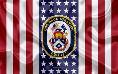 uss paul ignatius-emblem, ddg-117, american flag, us-navy, usa, uss paul ignatius abzeichen, us-kriegsschiff, wappen der uss paul ignatius