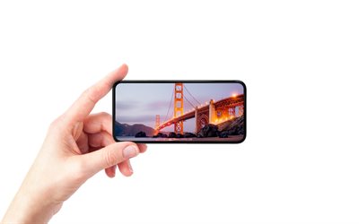 San Francisco, California, Golden Gate Bridge, smartphone in hand, white background, smartphone, evening sunset, USA