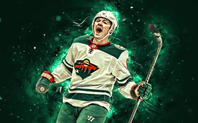 Ryan Donato, 4k, NHL Minnesota Wild buz hokeyi yıldızlar, hokey, yeşil neon ışıkları, hokey oyuncuları, Ryan Donato Minnesota Wild, Ryan Donato 4K