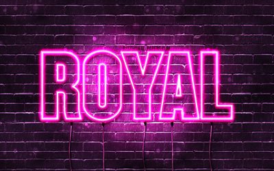 Royal, 4k, des fonds d&#39;&#233;cran avec des noms, des noms de femmes, nom Royal, violet n&#233;on, Joyeux Anniversaire Royal, une photo avec le nom Royal