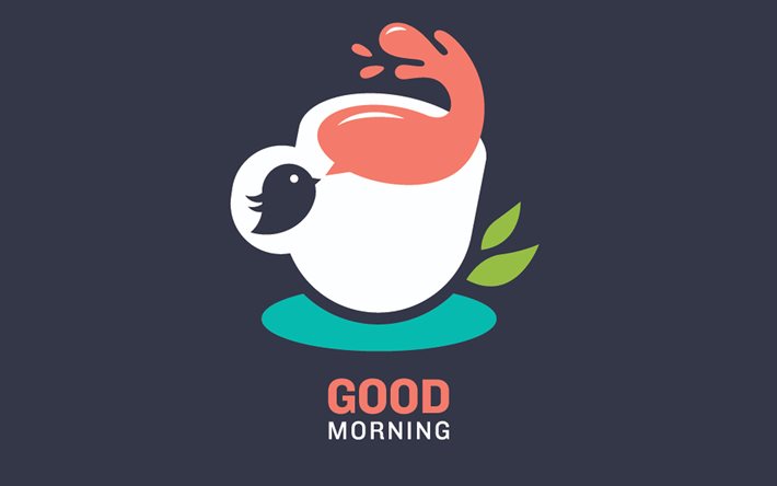guten morgen, 4k, minimal, grau, hintergrund, kreativ, tasse mit kaffee, guten-morgen-konzepte