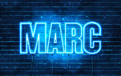 Marc, 4k, taustakuvia nimet, vaakasuuntainen teksti, Marc nimi, Hyv&#228;&#228; Syntym&#228;p&#228;iv&#228;&#228; Marc, blue neon valot, kuva Marc nimi