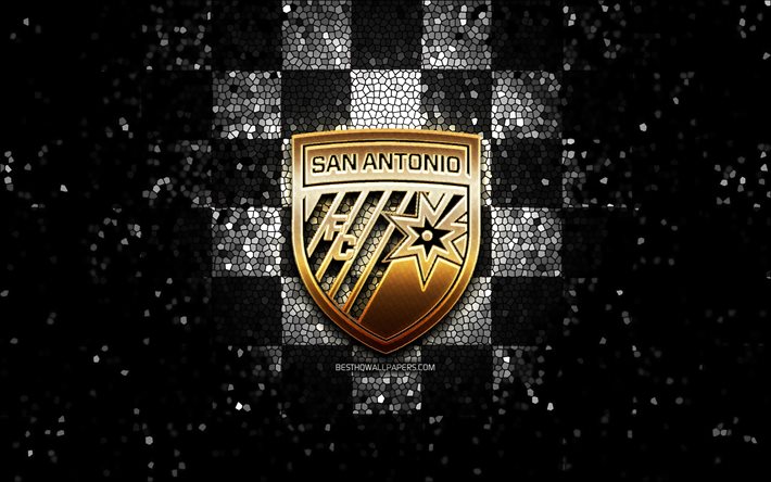 San Antonio FC, glitter logo, USL, white black checkered background, USA, american soccer team, FC San Antonio, United Soccer League, San Antonio FC logo, mosaic art, soccer, football, America