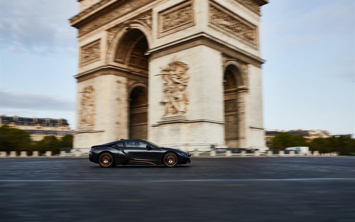 BMW i8, Ultimate Sophisto Edition, 2020, sports electric car, side view, tuning i8, black i8, Arc de Triomphe, Paris, German sports cars, electric car, BMW
