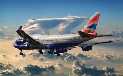 Boeing 747, British Airways, airliner, Boeing 747-400, passenger plane, plane in the sky, sunset, evening, Boeing