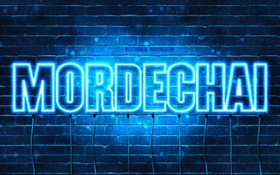 Mordechai, 4k, sfondi per il desktop con i nomi, il testo orizzontale, Mordechai nome, Felice Compleanno Mordechai, neon blu, immagine con nome Mordechai