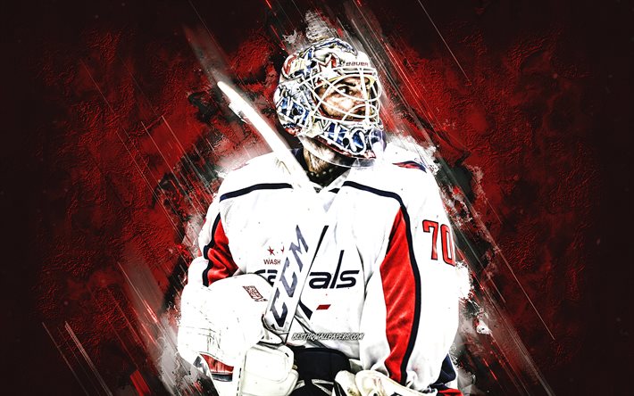 Braden Holtby, des Capitals de Washington, de la LNH, joueur de hockey canadien, le gardien de but, le portrait, la pierre rouge de fond, le hockey, la Ligue Nationale de Hockey