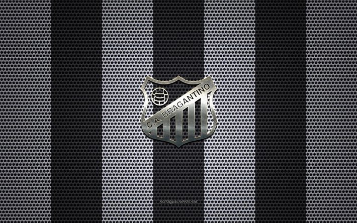Bragantino logotyp, Brasiliansk fotboll club, metall emblem, svart och vit metall mesh bakgrund, Bragantino, Serien, Sao Paulo, Brasilien, fotboll