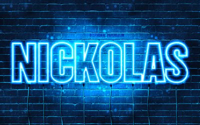 Nickolas, 4k, pap&#233;is de parede com os nomes de, texto horizontal, Nickolas nome, Feliz Anivers&#225;rio Nickolas, luzes de neon azuis, imagem com Nickolas nome
