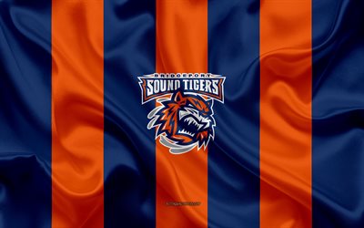 Bridgeport Sound Tigers, Americana De H&#243;quei Clube, emblema, seda bandeira, azul laranja de seda textura, AHL, Bridgeport Sound Tigers logotipo, Bridgeport, Connecticut, EUA, h&#243;quei, American Hockey League