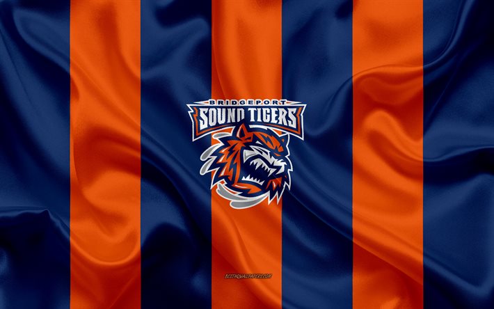 Bridgeport Sound Tigers, American Hockey Club, emblem, silk flag, blue orange silk texture, AHL, Bridgeport Sound Tigers logo, Bridgeport, Connecticut, USA, hockey, American Hockey League