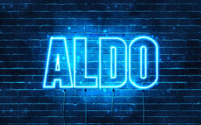 Aldo, 4k, wallpapers with names, horizontal text, Aldo name, Happy Birthday Aldo, blue neon lights, picture with Aldo name
