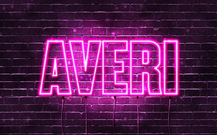 Innehav, 4k, tapeter med namn, kvinnliga namn, Averi namn, lila neon lights, Grattis P&#229; F&#246;delsedagen Averi, bild med Averi namn
