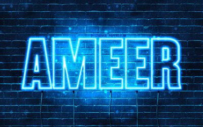 Ameer, 4k, pap&#233;is de parede com os nomes de, texto horizontal, Ameer nome, Feliz Anivers&#225;rio Ameer, luzes de neon azuis, imagem com Ameer nome