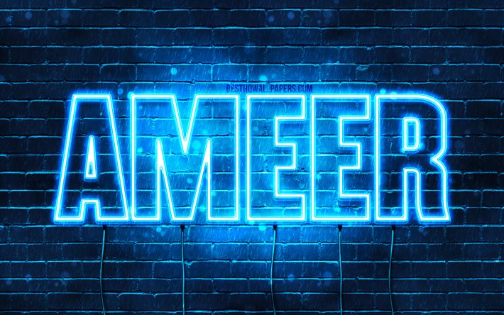 Ameer, 4k, pap&#233;is de parede com os nomes de, texto horizontal, Ameer nome, Feliz Anivers&#225;rio Ameer, luzes de neon azuis, imagem com Ameer nome