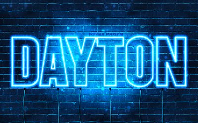 Dayton, 4k, fondos de pantalla con los nombres, el texto horizontal, Dayton nombre, Feliz Cumplea&#241;os Dayton, luces azules de ne&#243;n, de la imagen con el nombre de Dayton