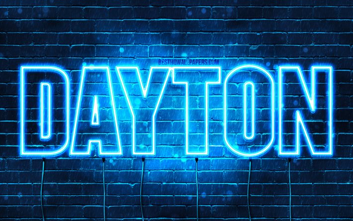 Dayton, 4k, taustakuvia nimet, vaakasuuntainen teksti, Dayton nimi, Hyv&#228;&#228; Syntym&#228;p&#228;iv&#228;&#228; Dayton, blue neon valot, kuva Dayton nimi