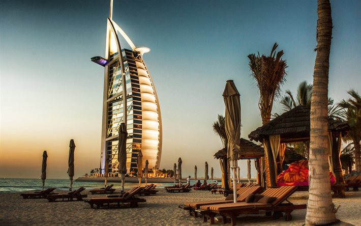 دبي, برج العرب, فندق فخم, مساء, غروب الشمس, الإمارات العربية المتحدة, الخليج الفارسي, الساحل, السفر في الصيف