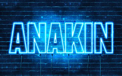 Anakin, 4k, pap&#233;is de parede com os nomes de, texto horizontal, Anakin nome, Feliz Anivers&#225;rio Anakin, luzes de neon azuis, imagem com Anakin nome