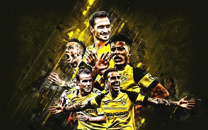 Borussia Dortmund, BVB, Tysk fotboll club, gul sten bakgrund, Borussia Dortmund-spelare, Champions League, Bundesliga, Tyskland, fotboll, Mats Hummels, Domare Achraf, Jadon Sancho, Marco Reus