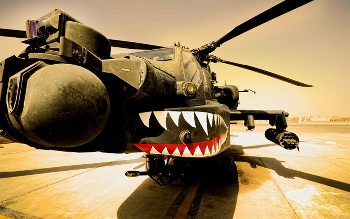 Boeing AH-64 Apache, close-up, helic&#243;ptero de combate, Ex&#233;rcito dos EUA, avi&#245;es de combate, helic&#243;pteros militares, aer&#243;dromo, AH-64 Apache, For&#231;a A&#233;rea dos EUA