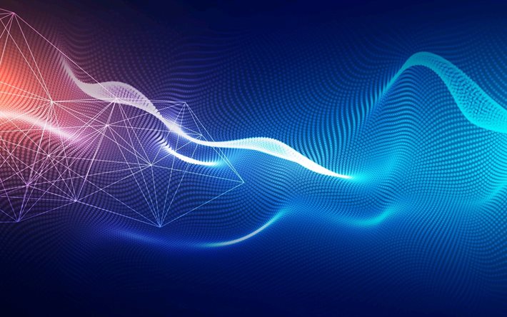 abstract blue waves background, blue creative background, waves background, blue neon background, neon waves