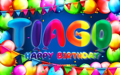 Happy Birthday Tiago, 4k, colorful balloon frame, Tiago name, blue background, Tiago Happy Birthday, Tiago Birthday, popular portuguese male names, Birthday concept, Tiago