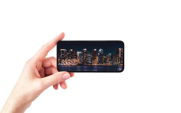 San Diego, California, San Diego Bay, smartphone in hand, white background, smartphone, cityscape on screen, USA
