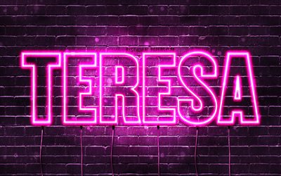 Teresa, 4k, fondos de pantalla con los nombres, los nombres femeninos, Teresa nombre, p&#250;rpura luces de ne&#243;n, Feliz Cumplea&#241;os de Teresa, la imagen con el nombre de Teresa