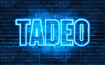 Thaddeus, 4k, taustakuvia nimet, vaakasuuntainen teksti, Tadeo nimi, Hyv&#228;&#228; Syntym&#228;p&#228;iv&#228;&#228; Tadeo, blue neon valot, kuva Tadeo nimi