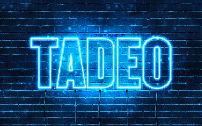 Tadeo, 4k, fondos de pantalla con los nombres, el texto horizontal, Tadeo nombre, Feliz Cumplea&#241;os Tadeo, luces azules de ne&#243;n, de la imagen con el nombre de Tadeo
