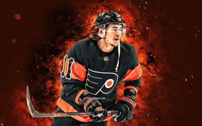 Travis Konecny, 4k, NHL Philadelphia Flyers hokey yıldızlar, hokey, turuncu neon ışıkları, hokey oyuncuları, Travis Konecny Philadelphia Flyers, Travis Konecny 4K